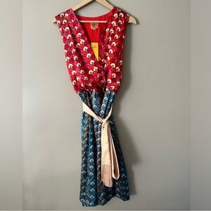 NWT RARE Tory Burch Darya Multicolor Silk A-Line Dress with Gold Fringe Belt, 14